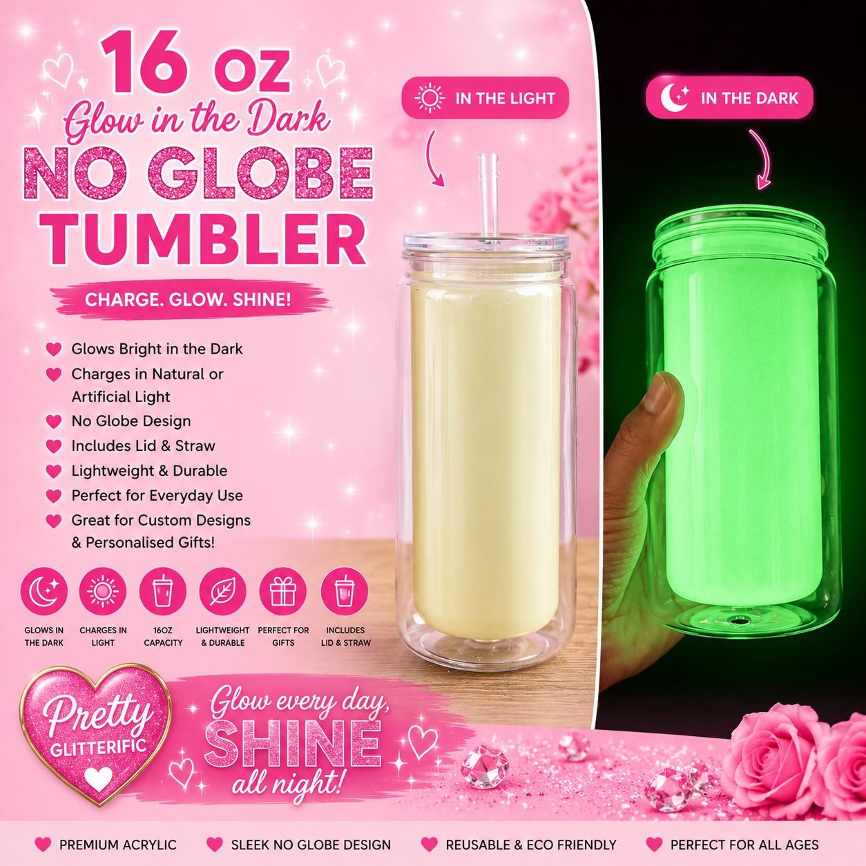 16oz Glow in the Dark No Globe Acrylic Tumbler with Lid & Straw