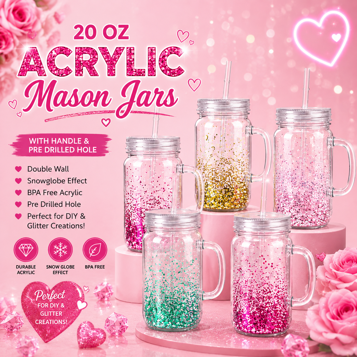 20oz Acrylic Mason Jar Snow Globe Tumblers with Handle & Straw | DIY Glitter Cups