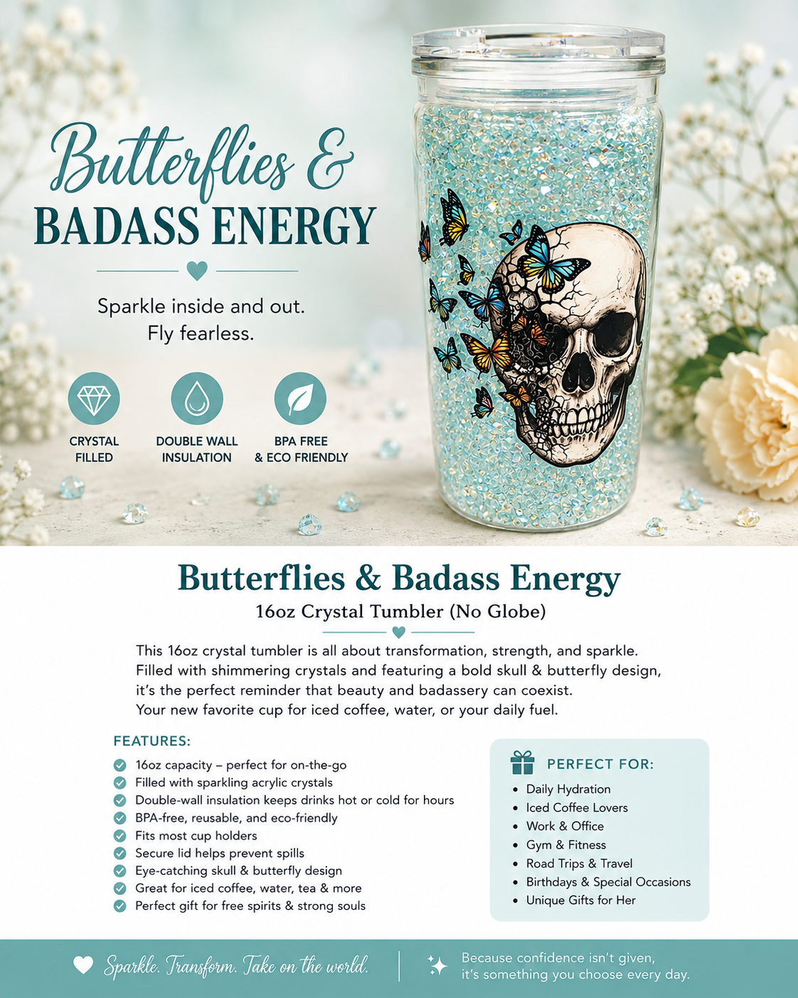 16oz Crystal Skull & Butterfly Tumbler (No Globe) Crystal-Filled Insulated Cup