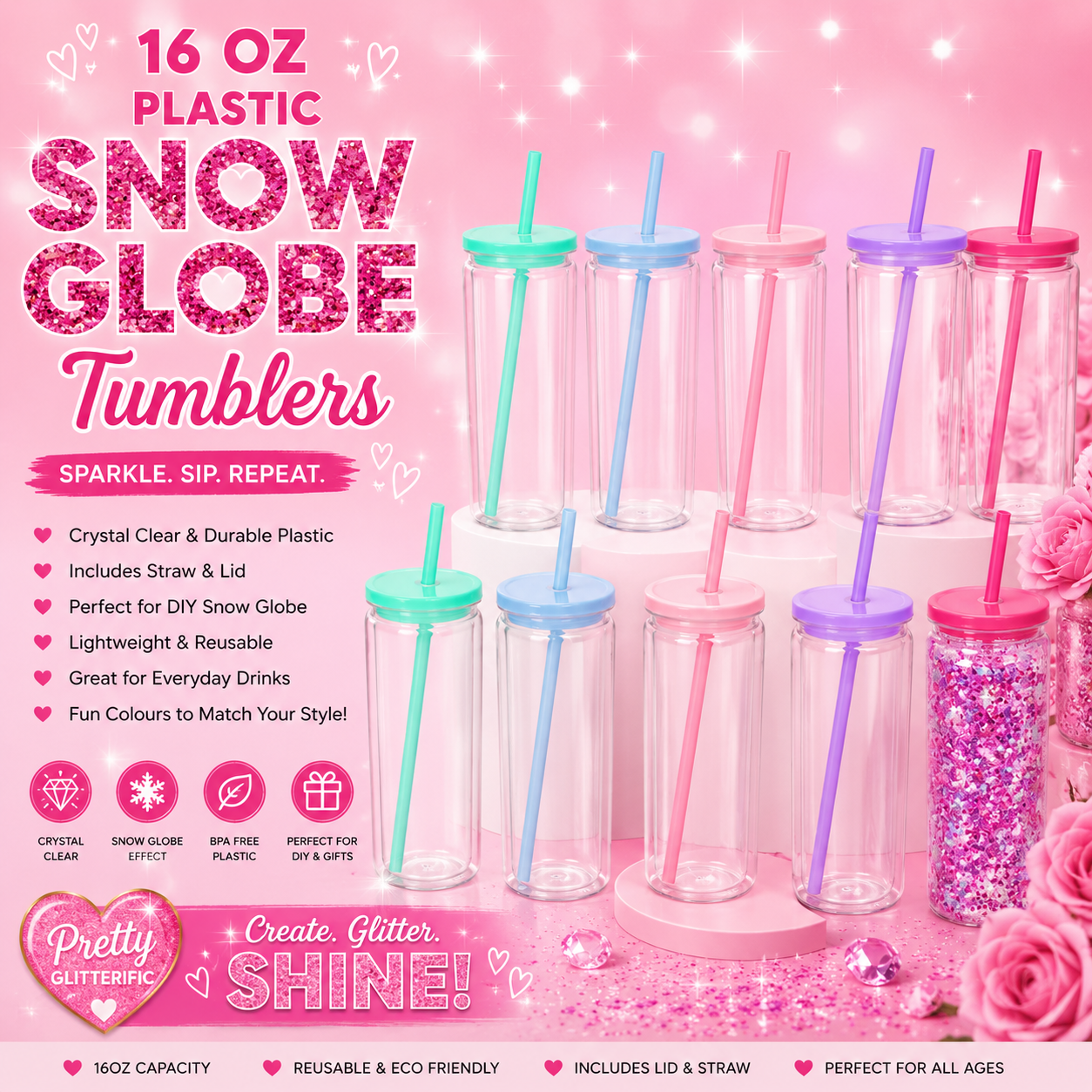 16oz Plastic Snow Globe Tumblers with Lid & Straw
