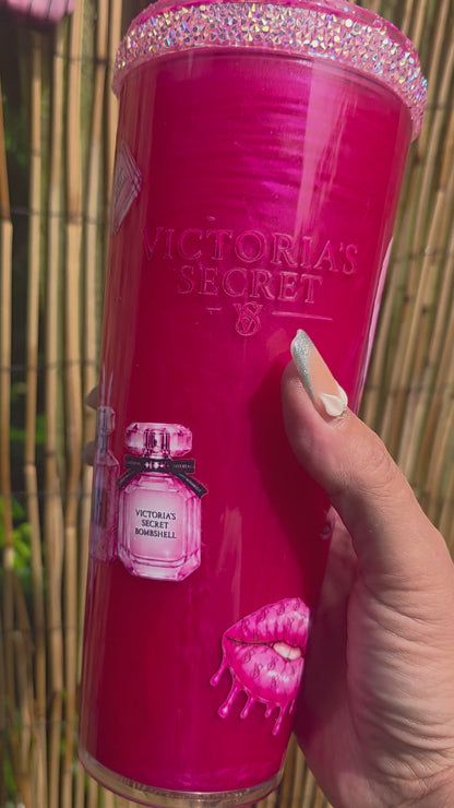 Victoria's Secret Inspired 24 oz Bedazzled Shimmer Tumbler | Pink Rhinestone Glitter Cup with Lid & Straw