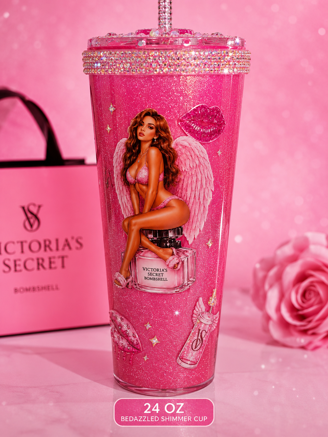 Victoria's Secret Inspired 24 oz Bedazzled Shimmer Tumbler | Pink Rhinestone Glitter Cup with Lid & Straw