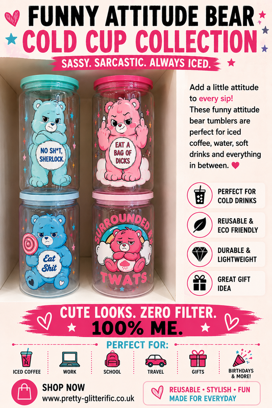 Funny Attitude Bear Cold Cup Collection | Reusable 16oz Tumblers with Lids | UV DTF Printed Drink Cups