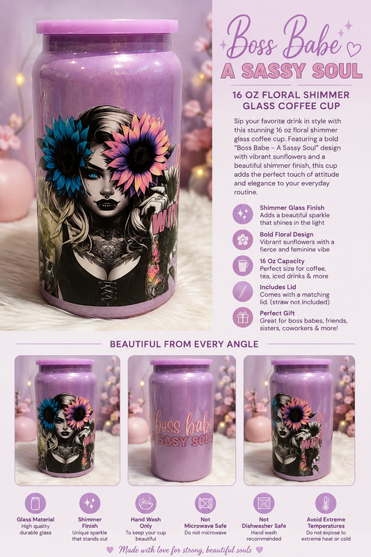 Boss Babe – A Sassy Soul 16oz Shimmer Glass Coffee Cup with Lid