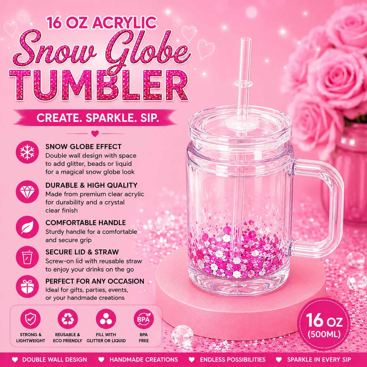 16oz Acrylic Snow Globe Tumbler with Handle & Straw