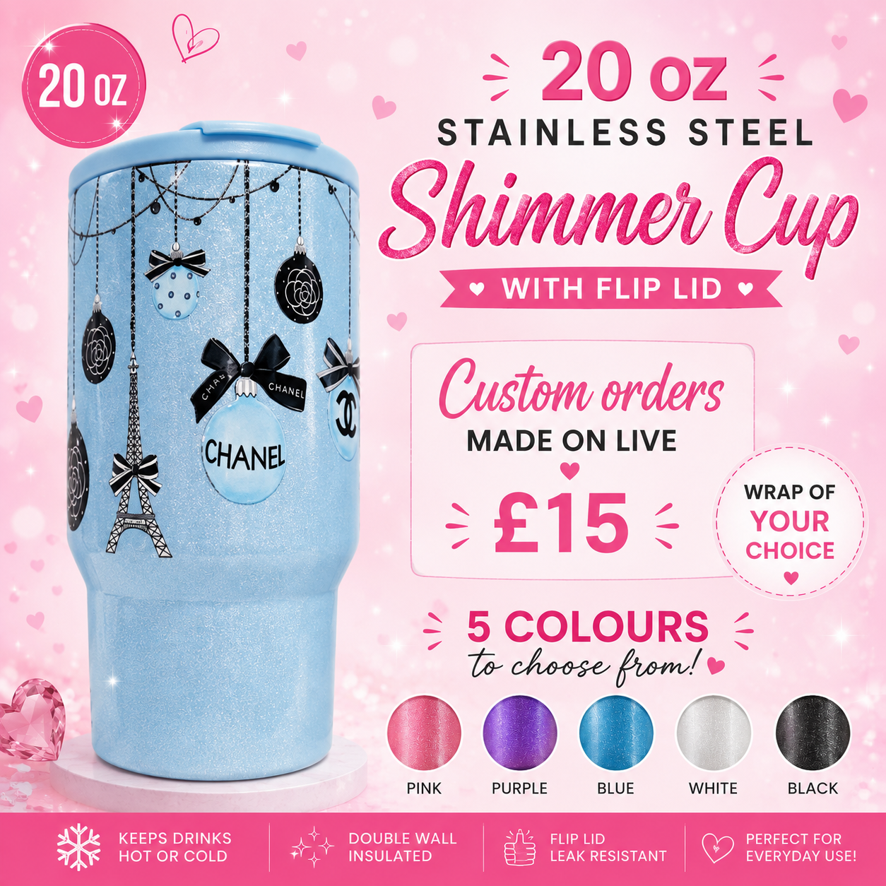 20oz Stainless Steel Shimmer Cup with Flip Lid – £15