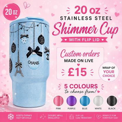 20oz Stainless Steel Shimmer Cup with Flip Lid – £15