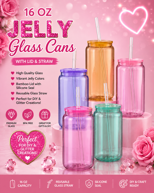 16oz Jelly Glass Cans with Lid & Straw | Coloured Glass Tumblers