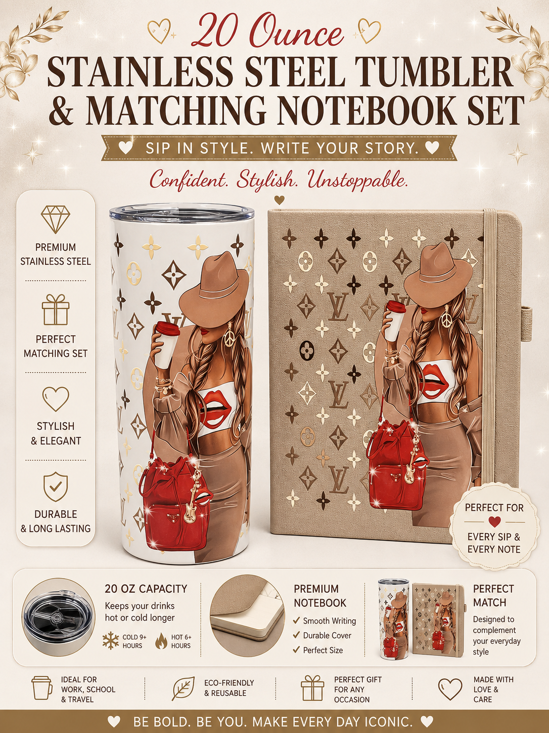 20oz Stainless Steel Tumbler & Matching Notebook Set | Fashion-Inspired Gift Set