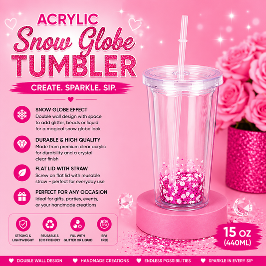 12oz Acrylic Snow Globe Tumbler with Flat Lid & Straw (350ml)