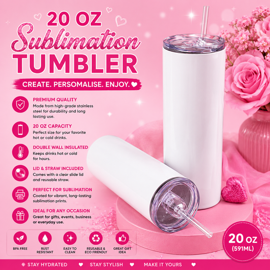20oz Stainless Steel Sublimation Tumbler with Lid & Straw