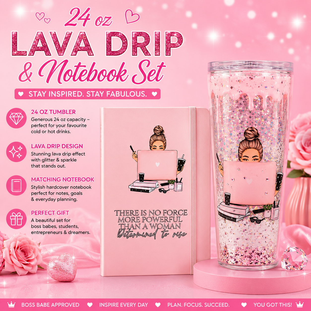 24oz Lava Drip Tumbler & Matching Notebook Gift Set – Boss Babe Collection