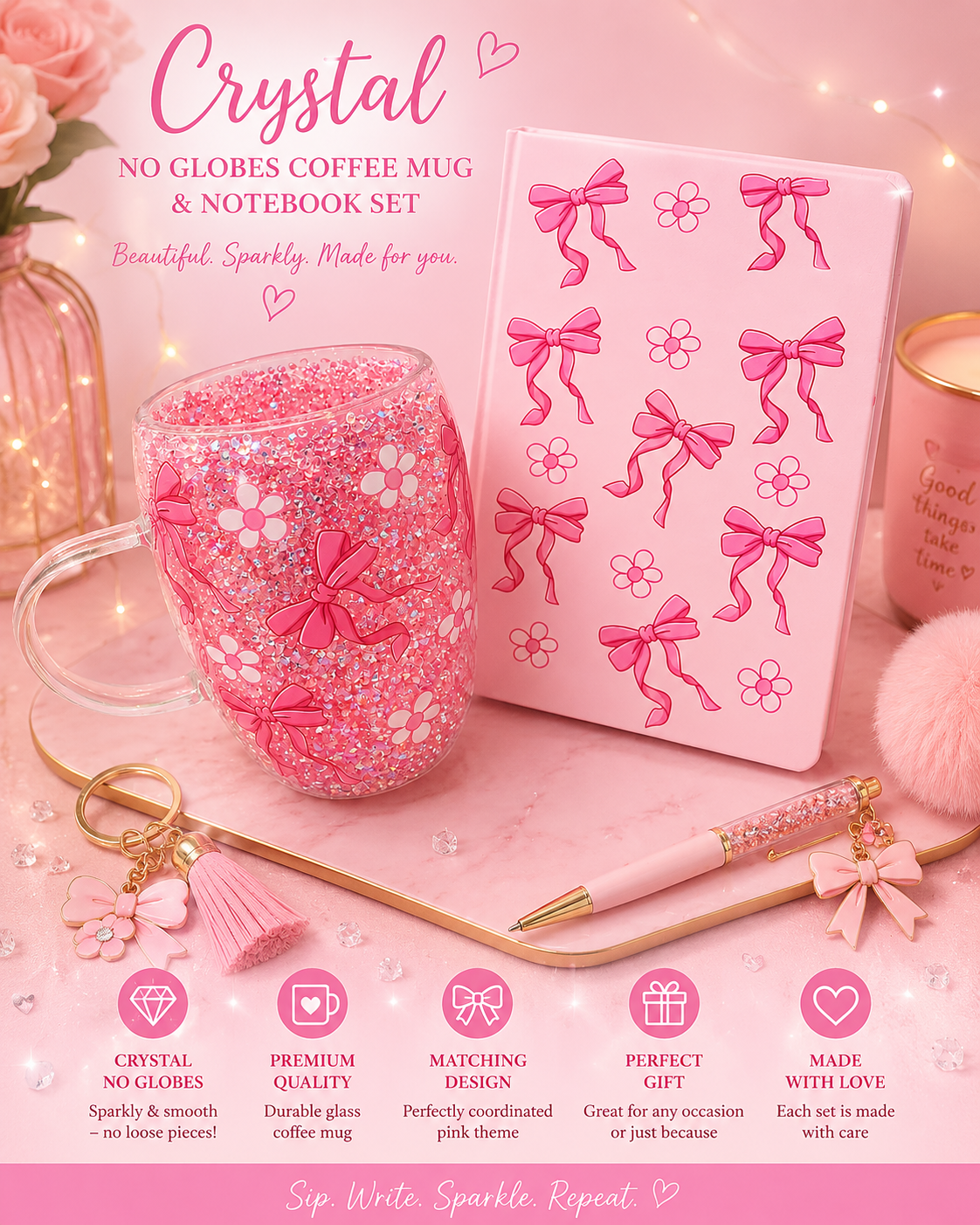 ✨ Crystal No-Globe Coffee Mug & Matching Notebook Set | Handmade Custom Gift