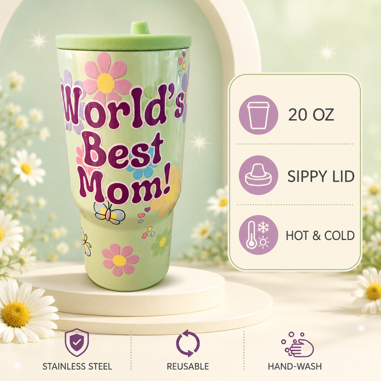 Title: World’s Best Mom 20 oz Stainless Steel Tumbler with Sippy Lid