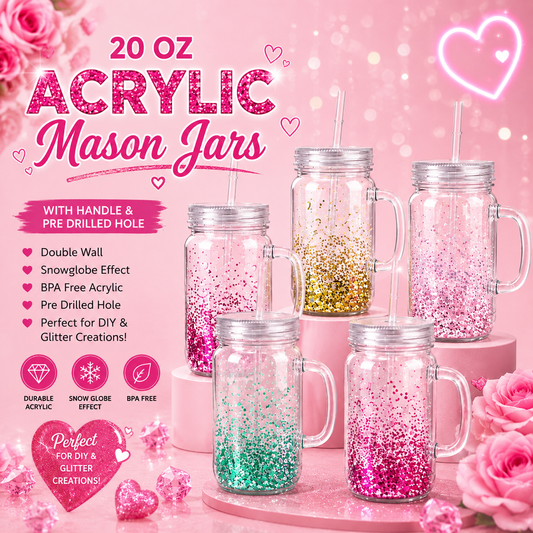 20oz Acrylic Mason Jar Snow Globe Tumblers with Handle & Straw | DIY Glitter Cups