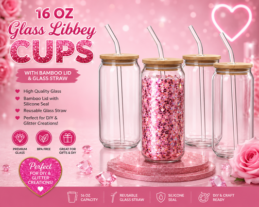16oz Glass Libbey Cups with Bamboo Lid & Glass Straw | Premium Can Glass Tumblers