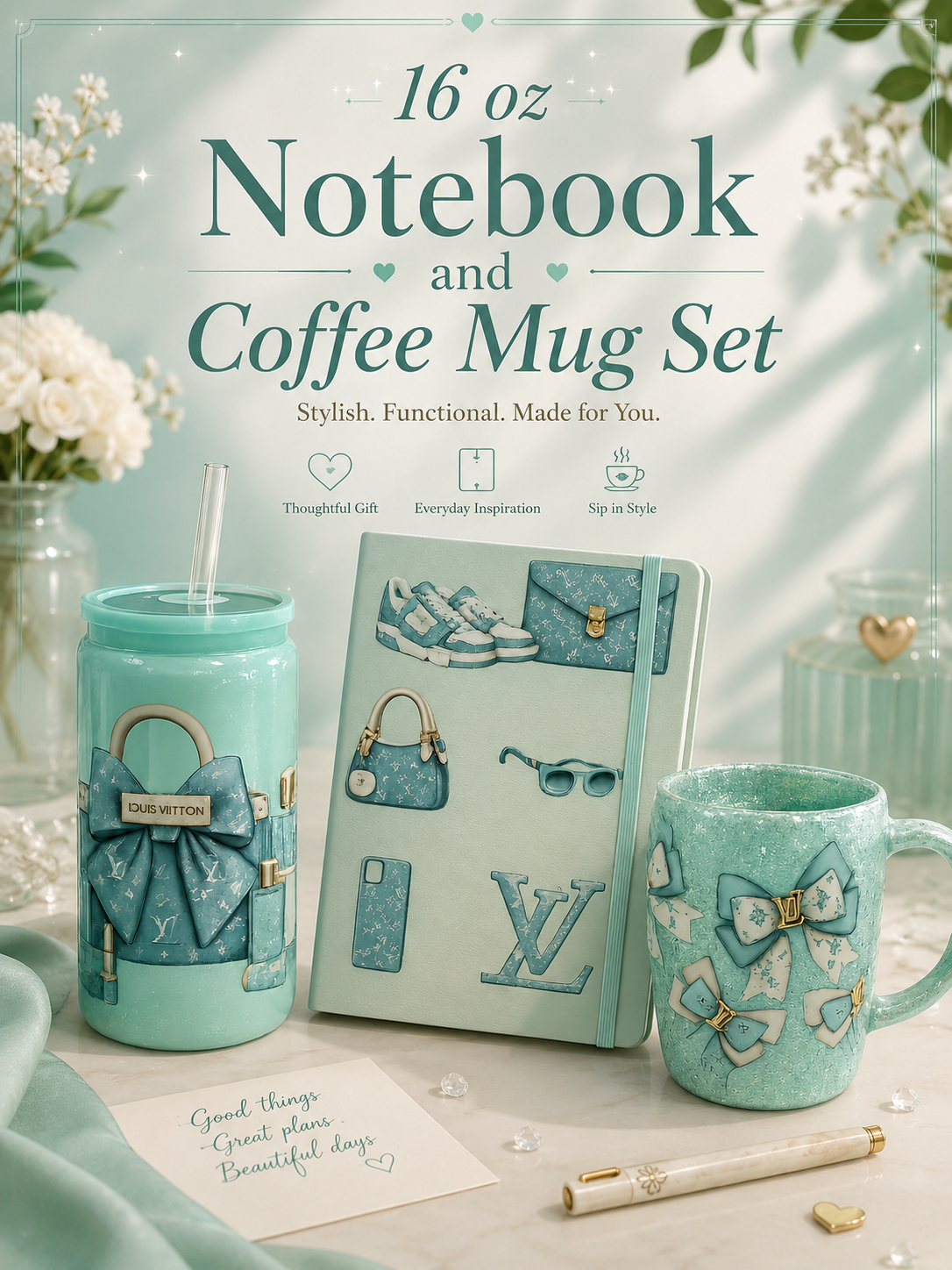 16 oz Shimmer Tumbler, Notebook & Coffee Mug Gift Set