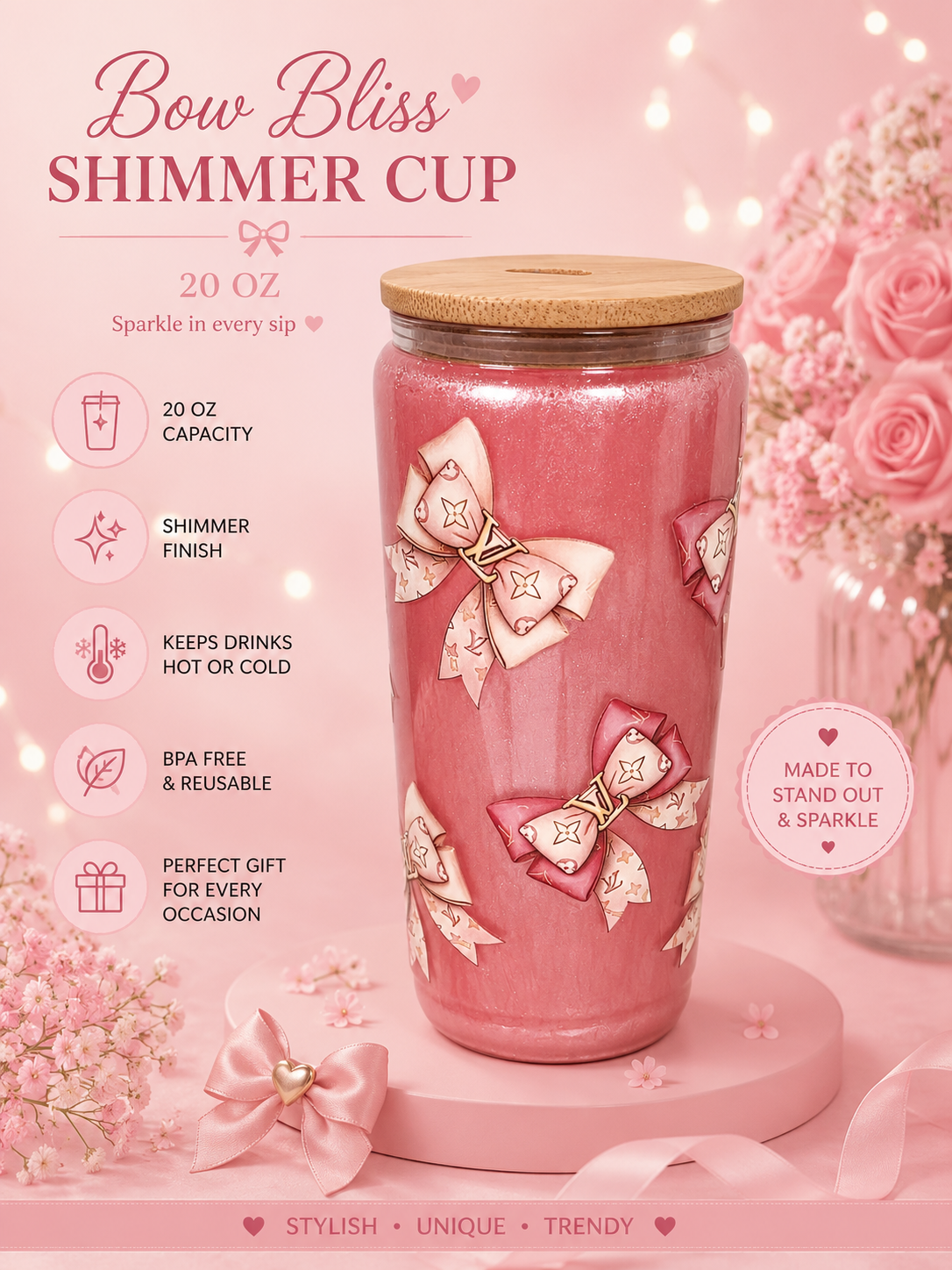 Pink Bow Inspired 20oz Shimmer Glass Cup | Glitter Libbey Style Tumbler with Bamboo Lid