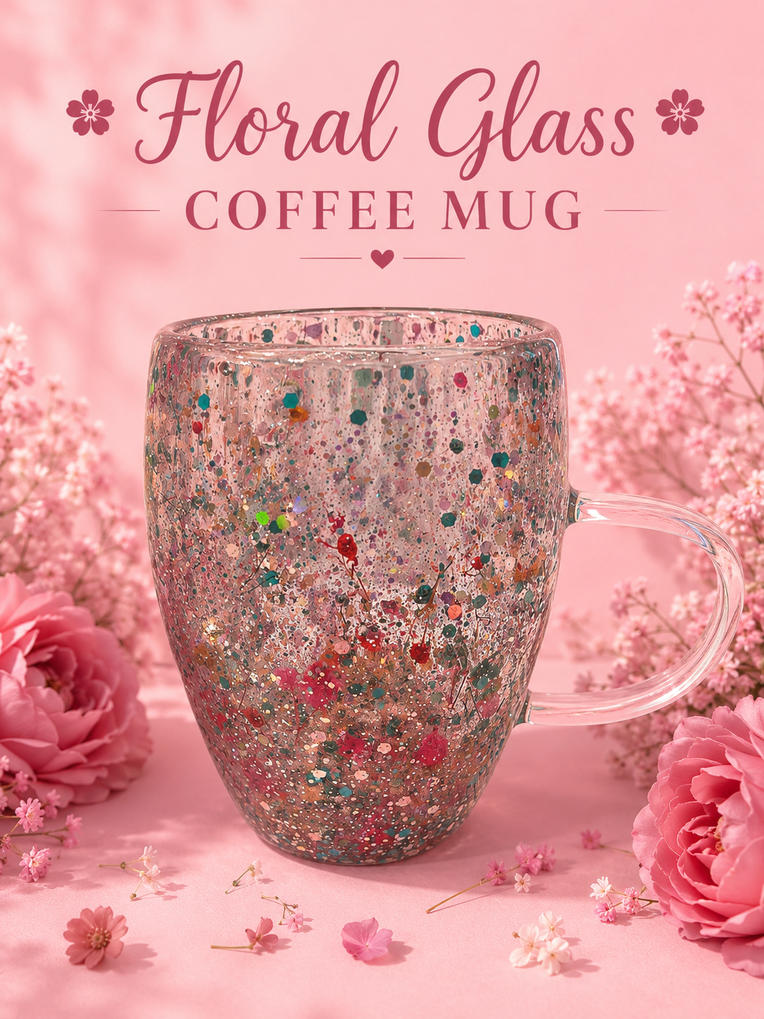 Floral Glass Coffee Mug  Handmade Glitter Floral Glass Mug