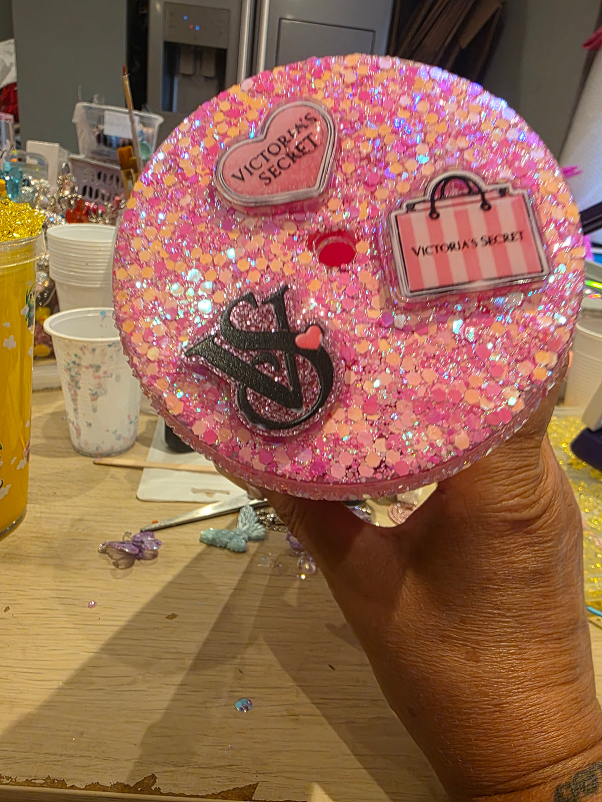 Victoria's Secret Inspired 24 oz Bedazzled Shimmer Tumbler | Pink Rhinestone Glitter Cup with Lid & Straw
