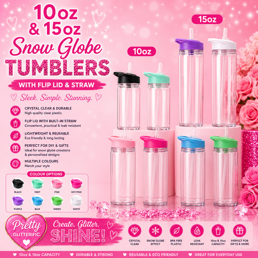 10oz & 15oz Snow Globe Tumblers with Flip Lid & Straw | Clear Plastic DIY Blanks