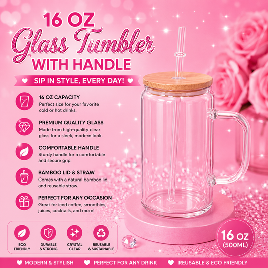 16oz Glass Tumbler with Handle, Bamboo Lid & Straw