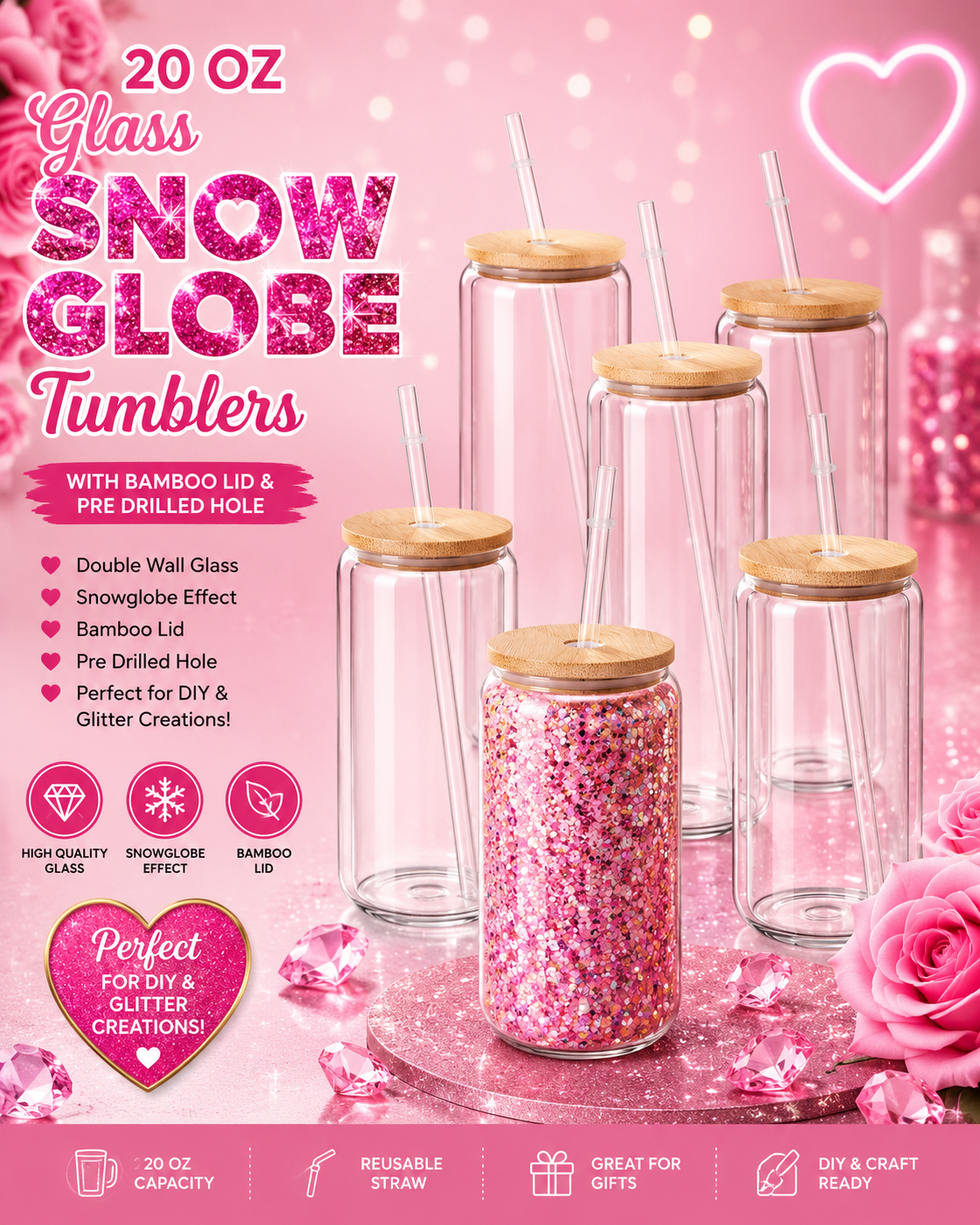 20oz Glass Snow Globe Tumblers with Bamboo Lid & Straw | Double Wall