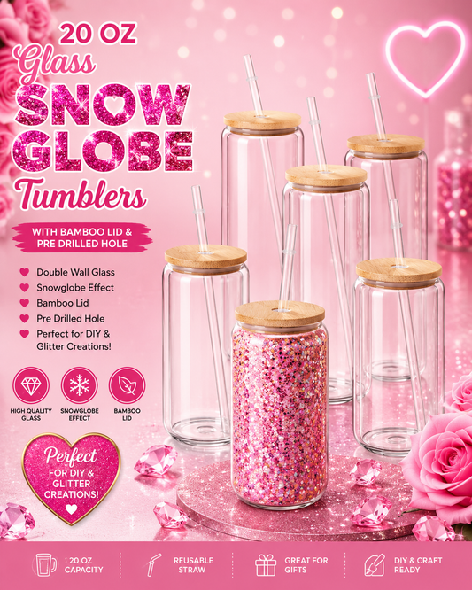 20oz Glass Snow Globe Tumblers with Bamboo Lid & Straw | Double Wall