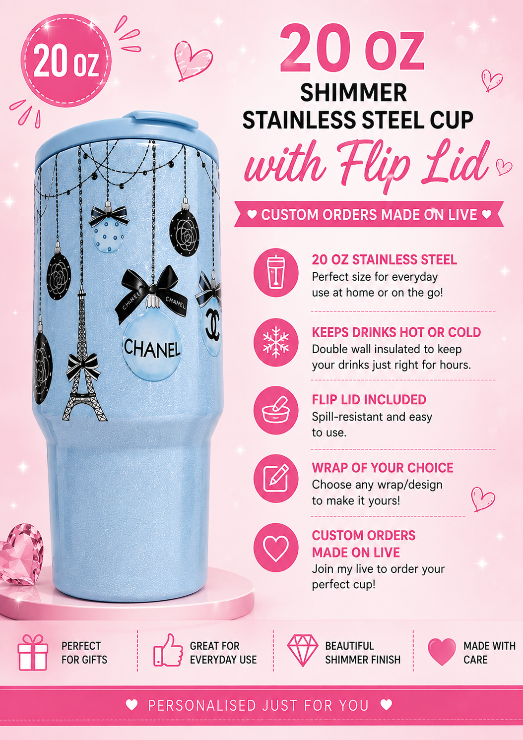 Blue bauble 20oz Stainless Steel Shimmer Cup with Flip Lid