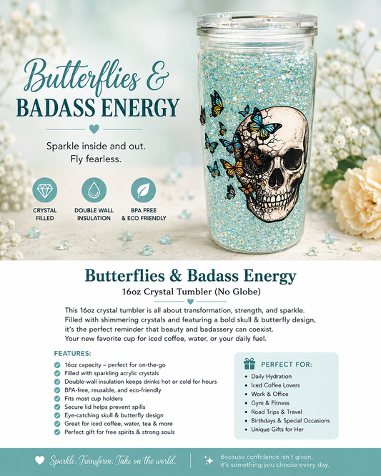 16oz Crystal Skull & Butterfly Tumbler (No Globe)  Crystal-Filled Insulated Cup
