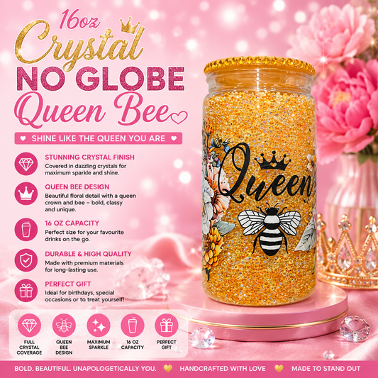 16oz Crystal No Globe Queen Bee Tumbler – Handmade Sparkling Bee Libbey Cup | Pretty Glitterific